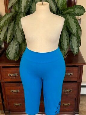 ACX Women's Blue High Rise Capri Leggings Lattice Hem Activewear #001
